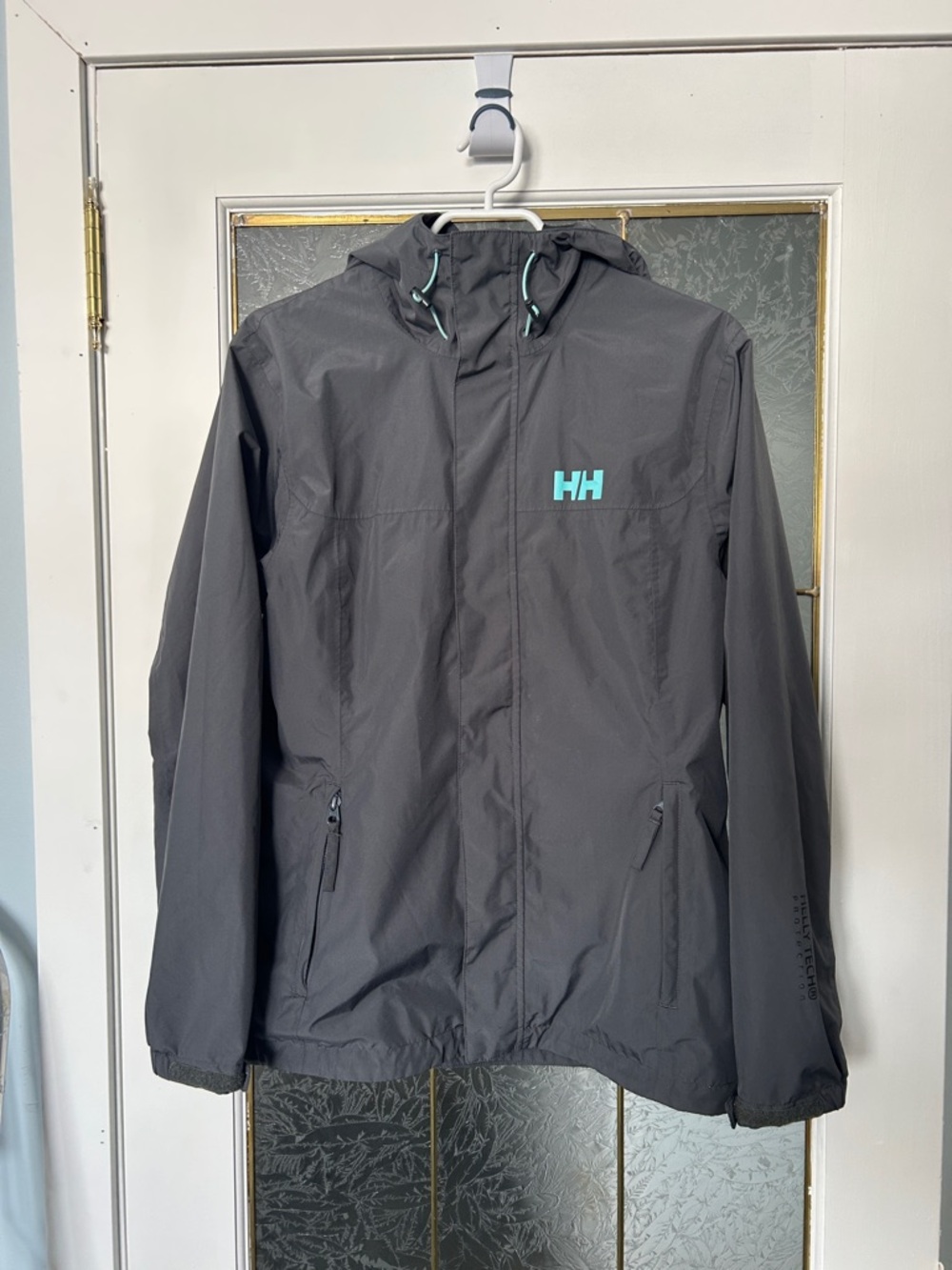Helly Hansen Dark Gray Rain Jacket with Teal Logo